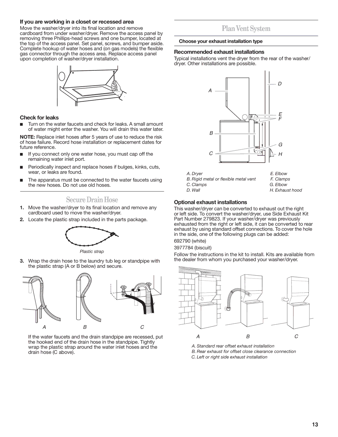 Whirlpool W10222387A installation instructions SecureDrainHose, PlanVentSystem 