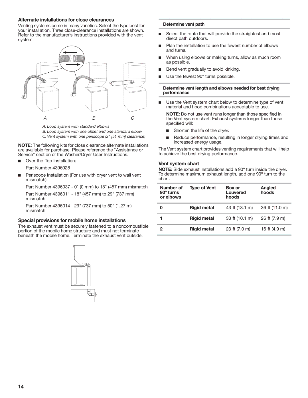 Whirlpool W10222387A Alternate installations for close clearances, Special provisions for mobile home installations 