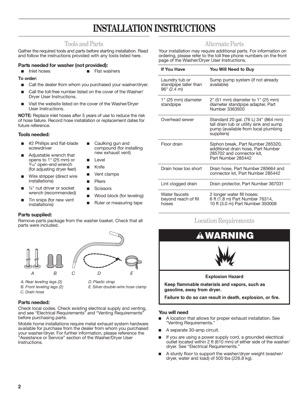 Whirlpool W10222387A installation instructions ToolsandParts, AlternateParts, LocationRequirements 