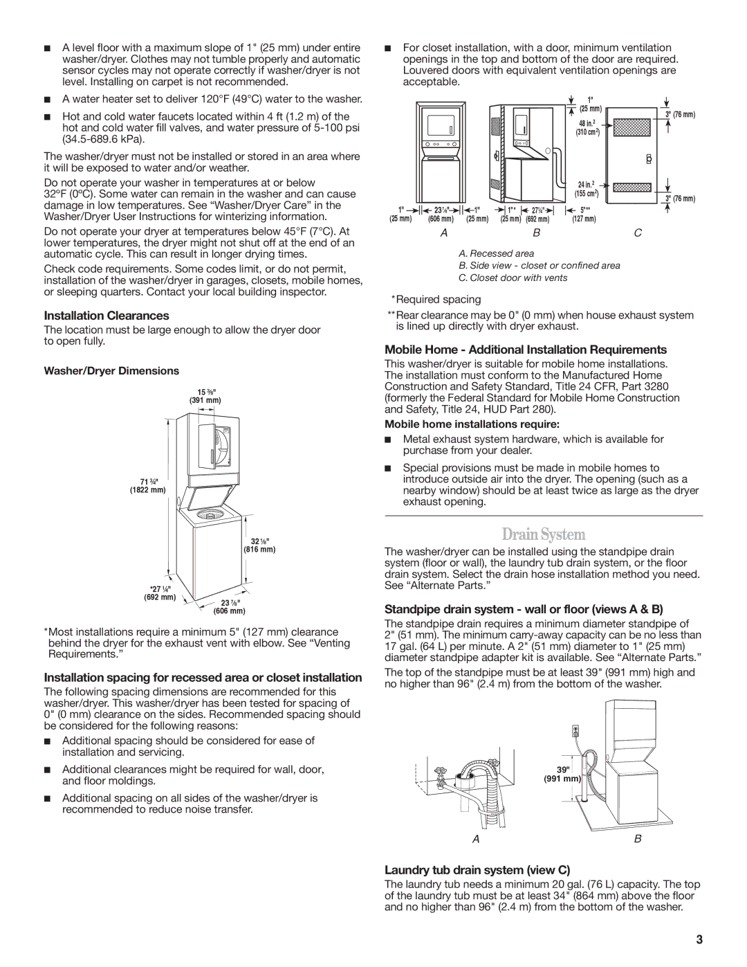 Whirlpool W10222387A DrainSystem, Installation Clearances, Mobile Home Additional Installation Requirements 