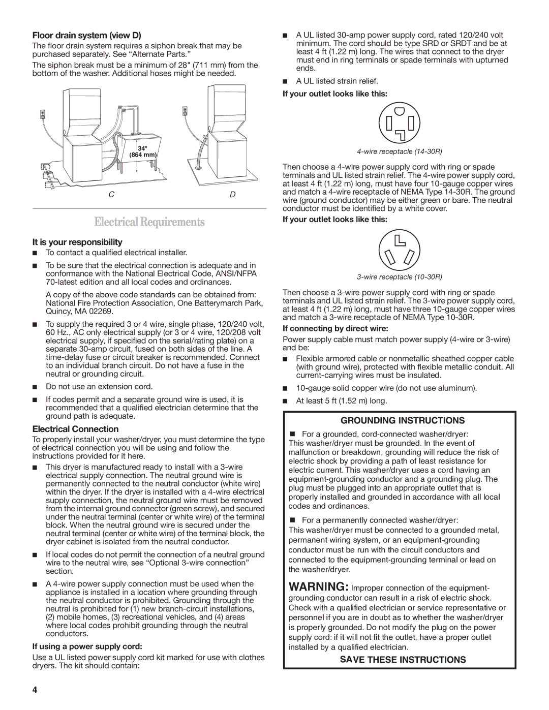 Whirlpool W10222387A Electrical Requirements, Floor drain system view D, It is your responsibility, Electrical Connection 