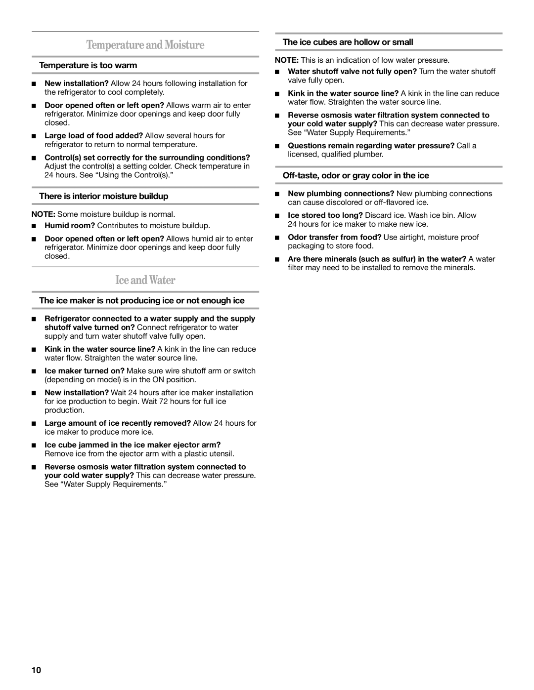 Whirlpool W10224664A installation instructions Temperature and Moisture, Iceand Water 