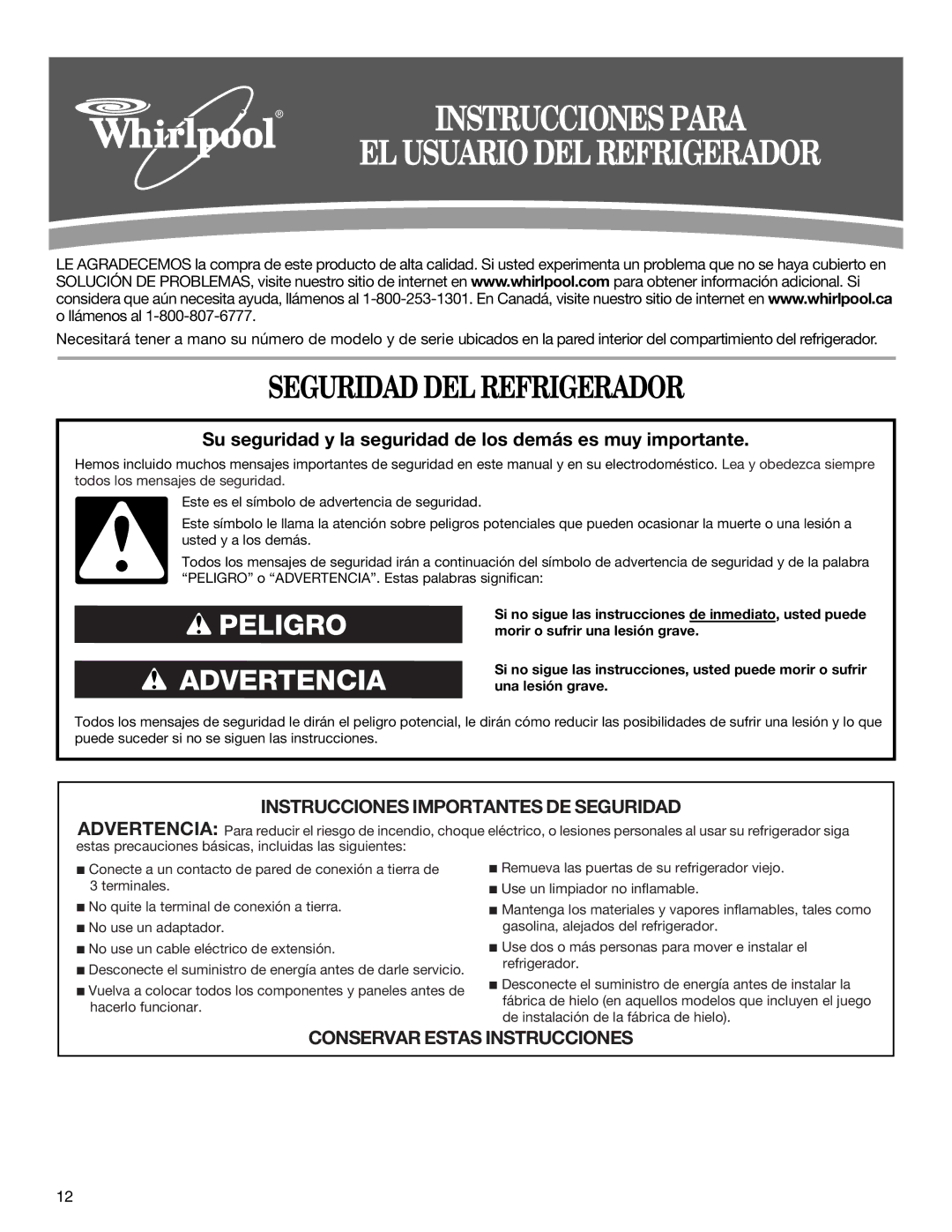 Whirlpool W10224664A installation instructions Seguridad DEL Refrigerador, EL Usuario DEL Refrigerador 