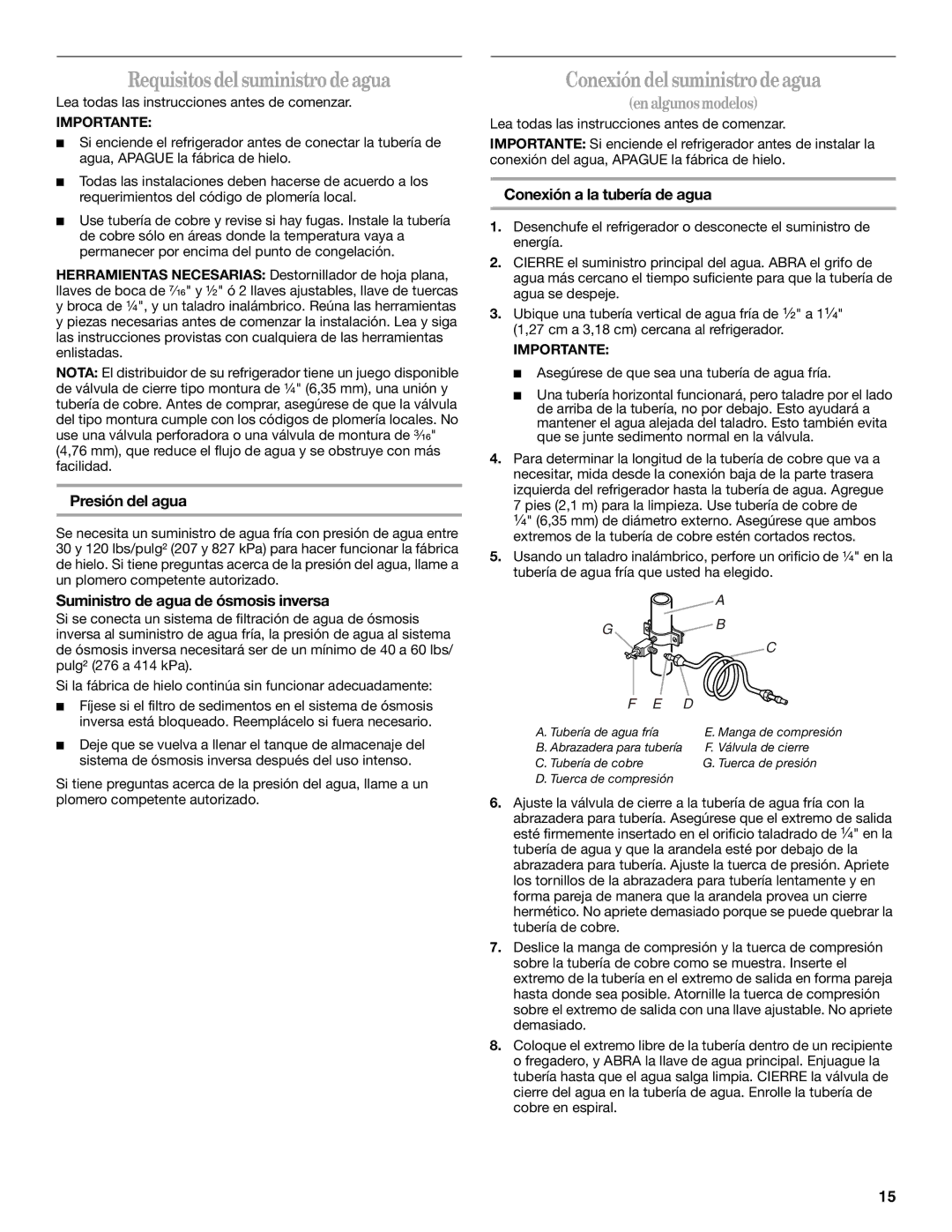 Whirlpool W10224664A Requisitos del suministro de agua, Conexión del suministro deagua, En algunos modelos 