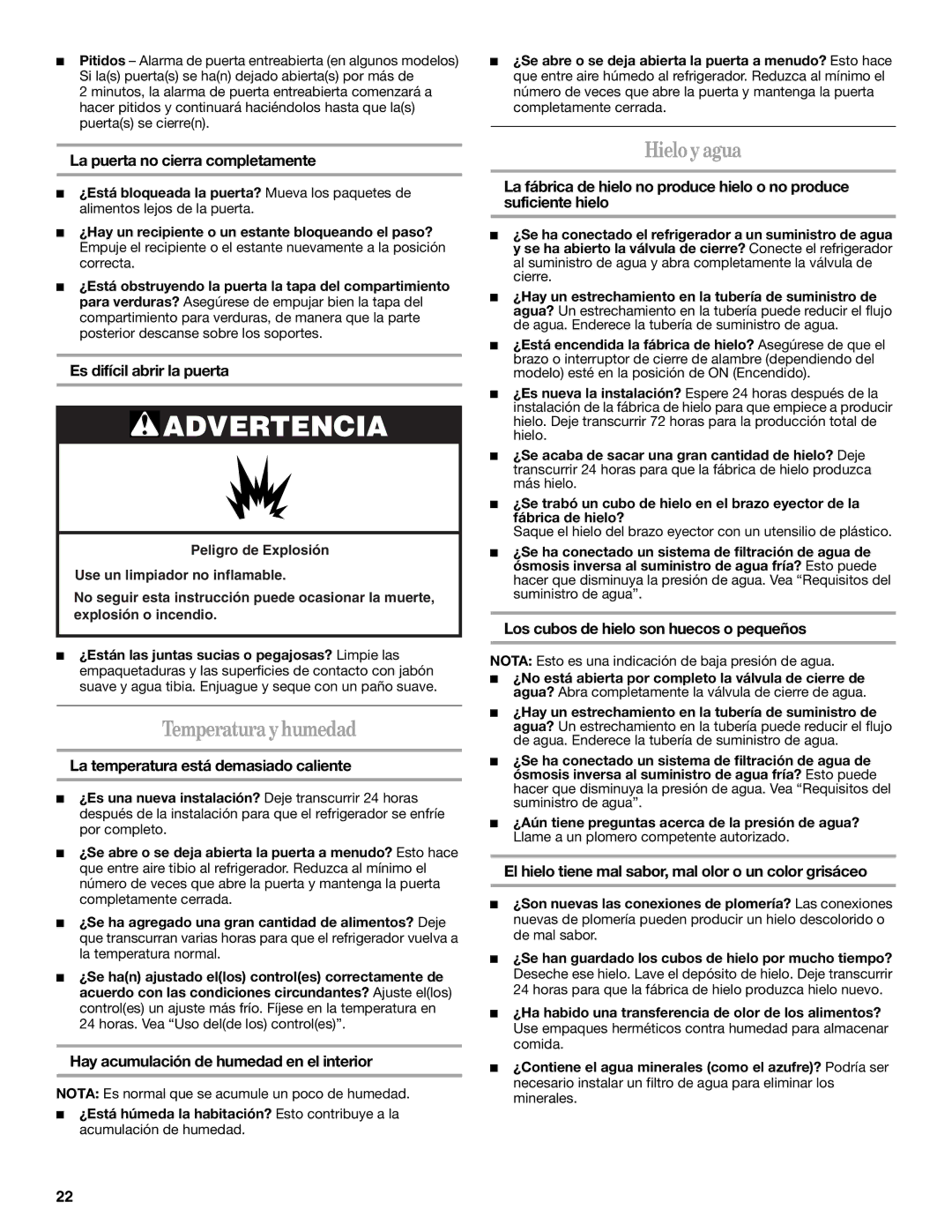 Whirlpool W10224664A installation instructions Temperatura y humedad, Hielo y agua 