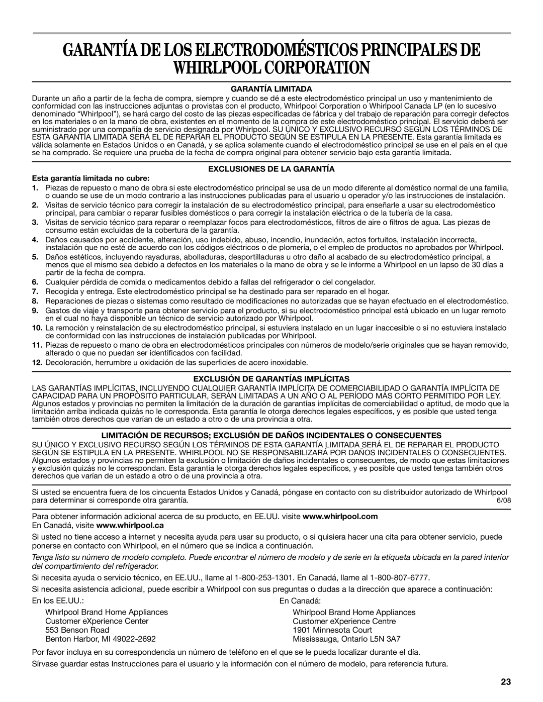 Whirlpool W10224664A Whirlpool Corporation, Garantía Limitada, Exclusiones DE LA Garantía, Esta garantía limitada no cubre 