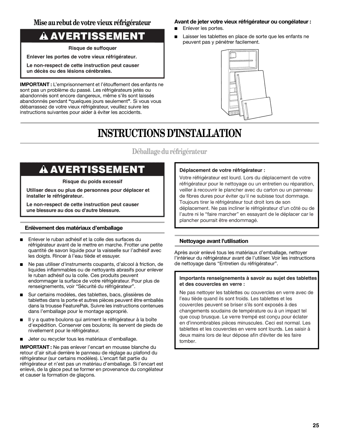 Whirlpool W10224664A Instructions D’INSTALLATION, Déballage duréfrigérateur, Enlèvement des matériaux d’emballage 