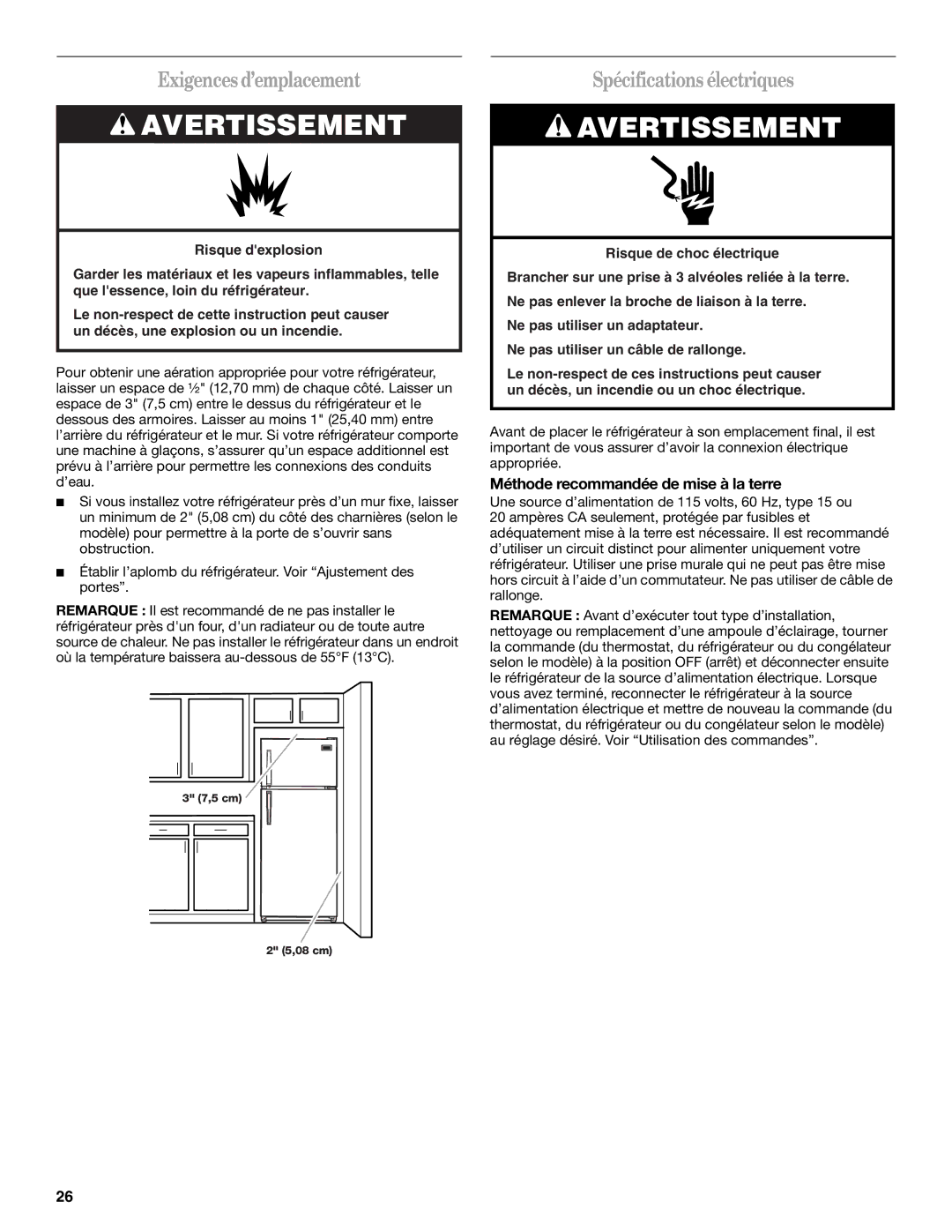 Whirlpool W10224664A Exigences d’emplacement, Spécifications électriques, Méthode recommandée de mise à la terre 