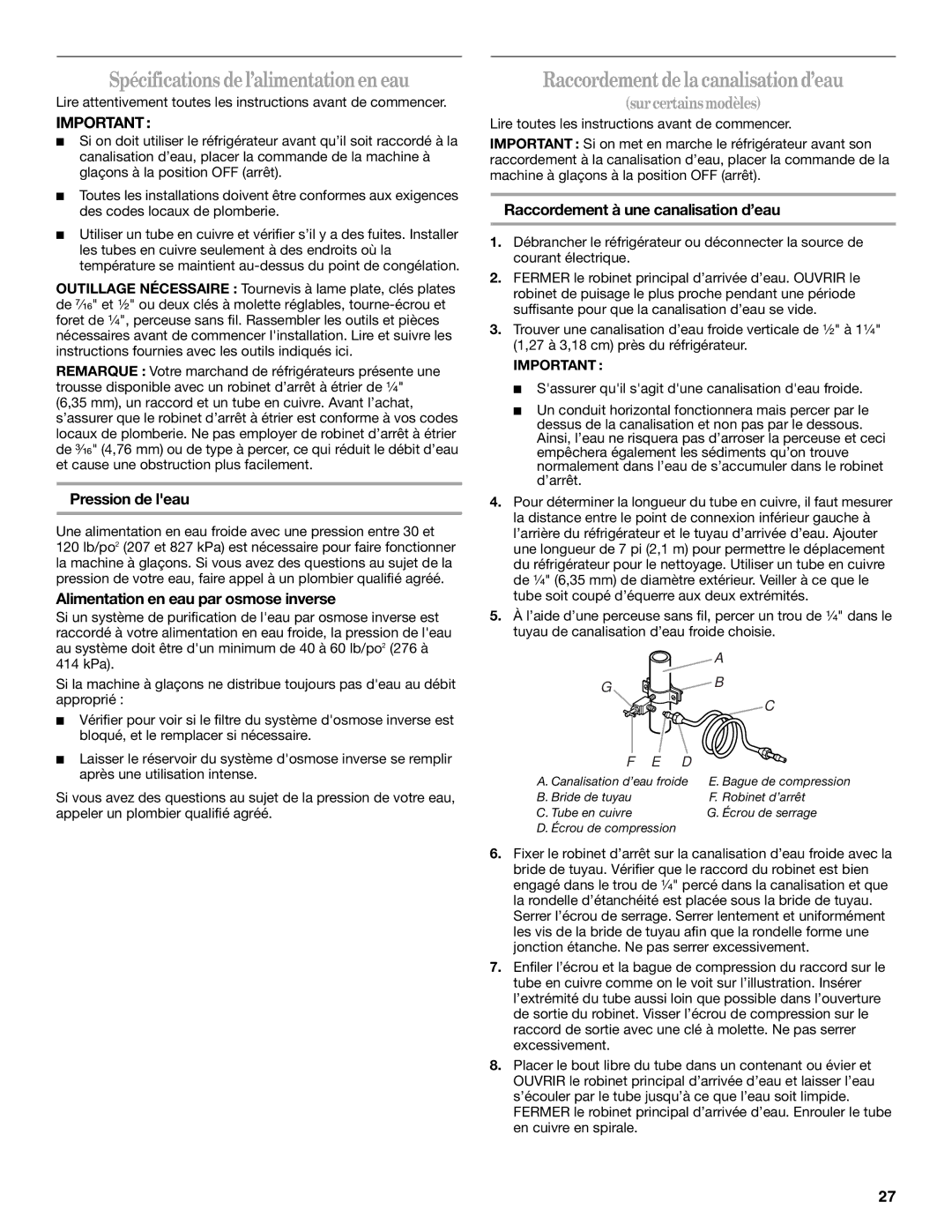 Whirlpool W10224664A Spécifications de l’alimentationen eau, Raccordement de la canalisation d’eau, Surcertainsmodèles 