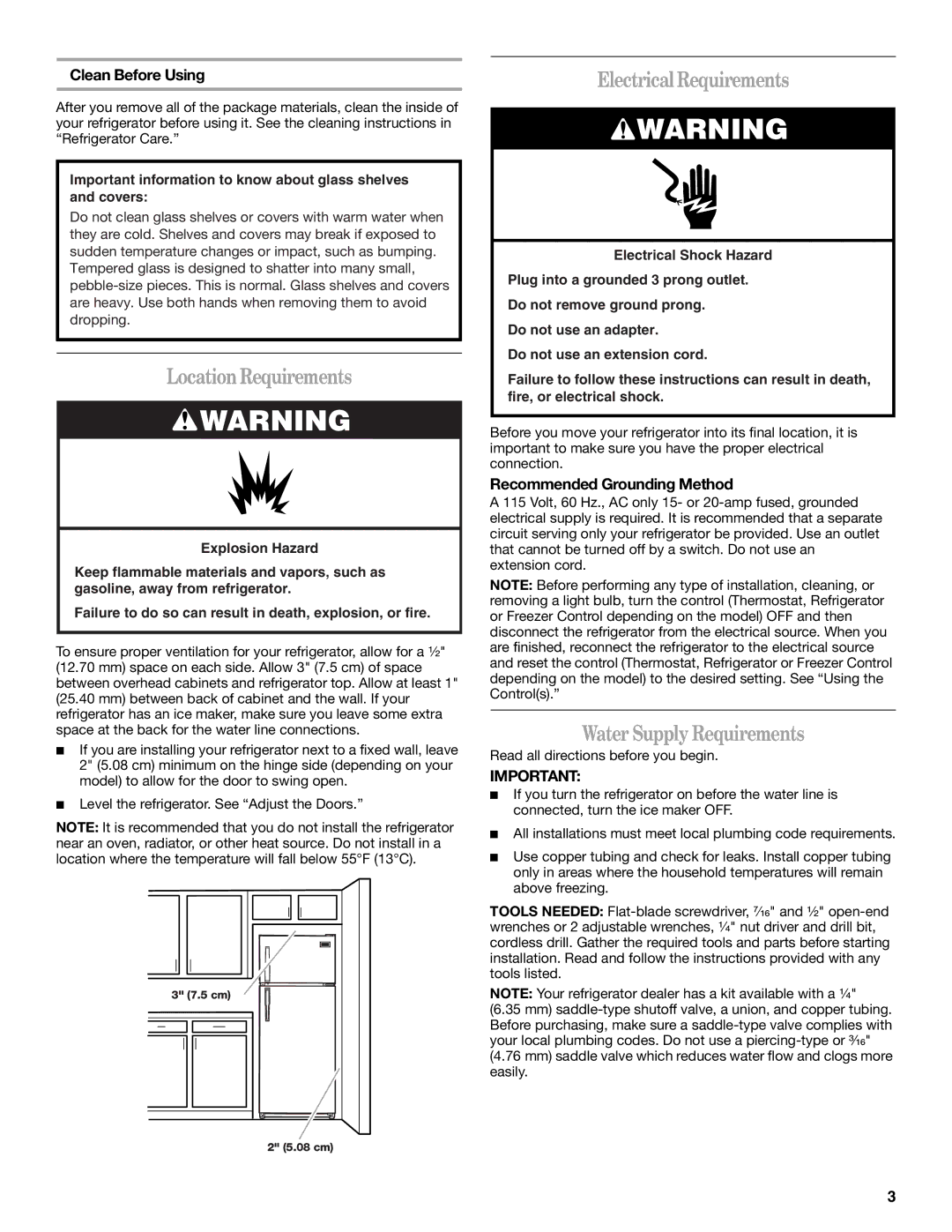 Whirlpool W10224664A LocationRequirements, Electrical Requirements, Water Supply Requirements, Clean Before Using 