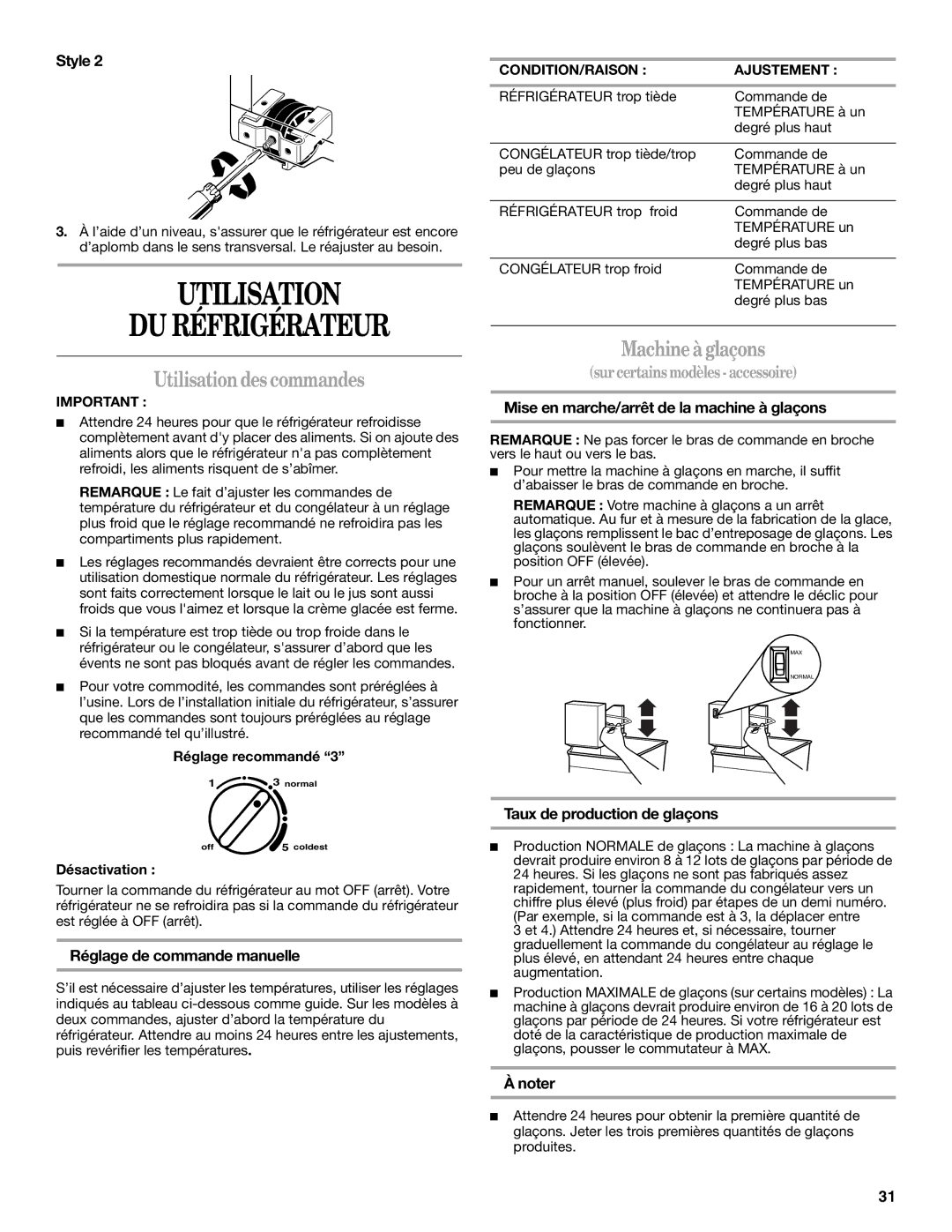 Whirlpool W10224664A installation instructions Utilisation DU Réfrigérateur, Utilisation des commandes, Machine à glaçons 