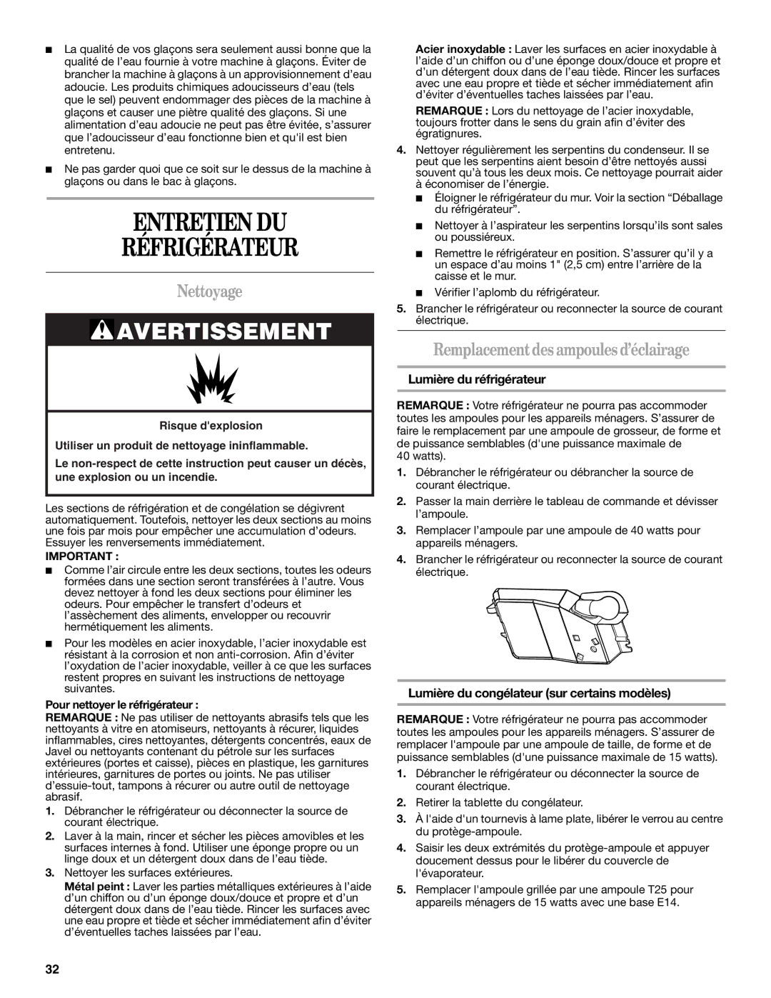 Whirlpool W10224664A installation instructions Entretien DU Réfrigérateur, Nettoyage, Remplacement des ampoules d’éclairage 