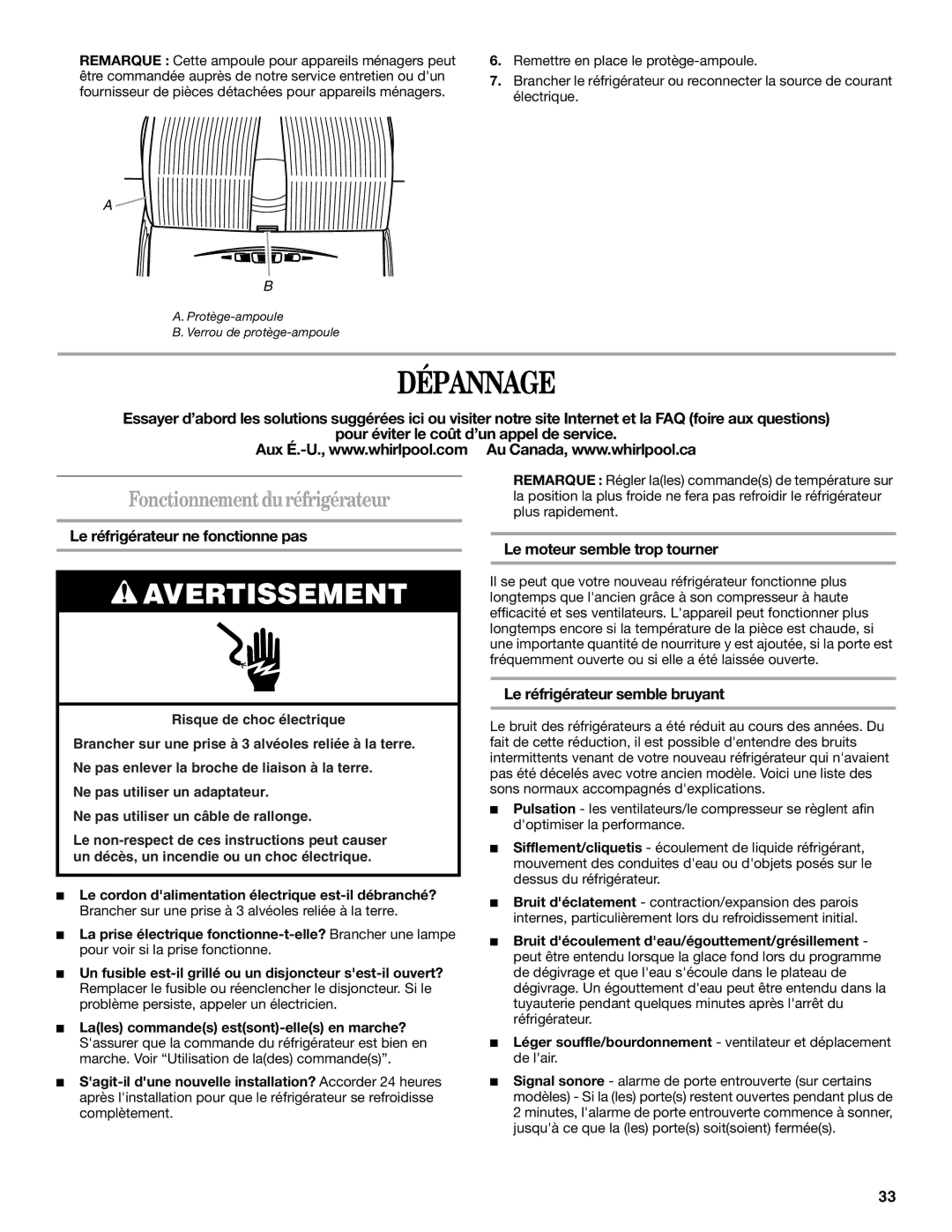 Whirlpool W10224664A Dépannage, Fonctionnement duréfrigérateur, Le réfrigérateur ne fonctionne pas 