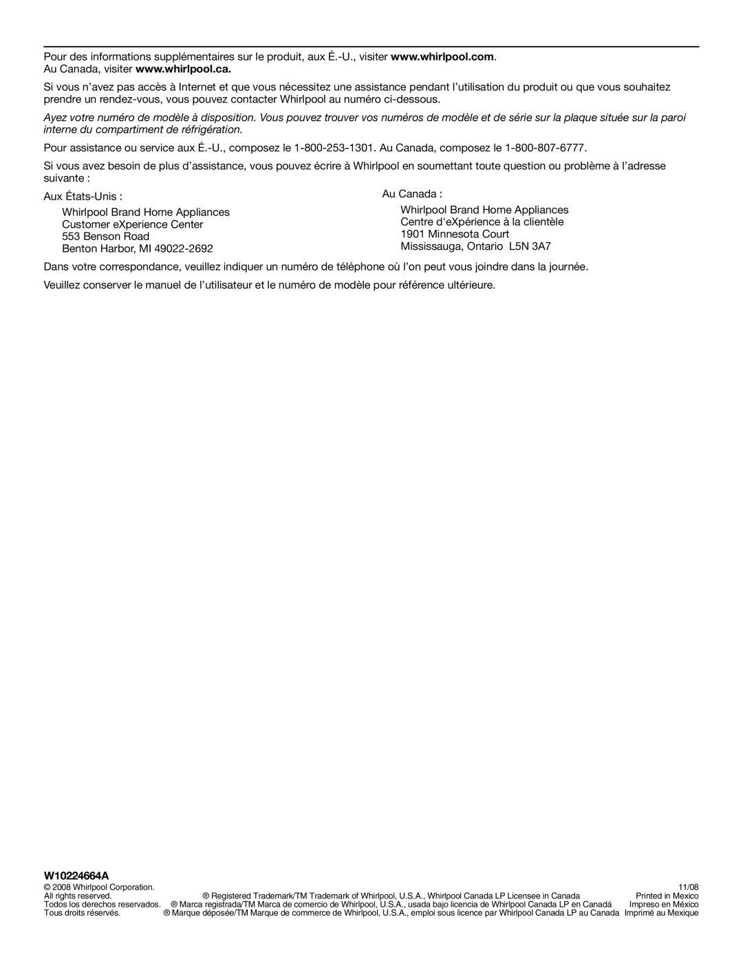 Whirlpool W10224664A installation instructions Whirlpool Corporation 11/08 All rights reserved 