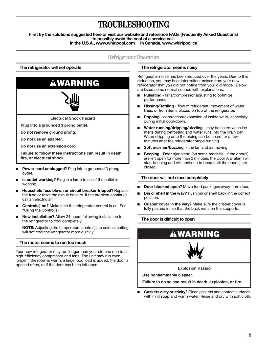 Whirlpool W10224664A installation instructions Troubleshooting, Refrigerator Operation 