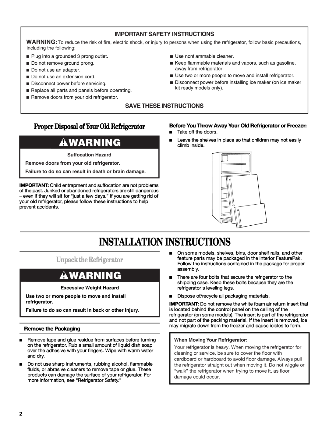 Whirlpool W10224664A Installation Instructions, Unpack the Refrigerator, Important Safety Instructions, Suffocation Hazard 