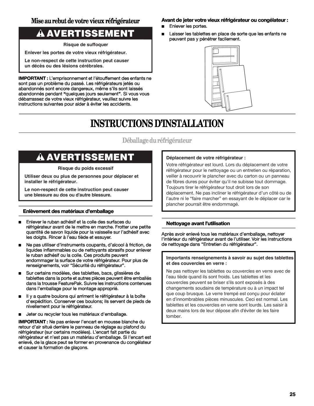 Whirlpool W10224664A Instructions D’Installation, Avertissement, Mise aurebut de votre vieux réfrigérateur 