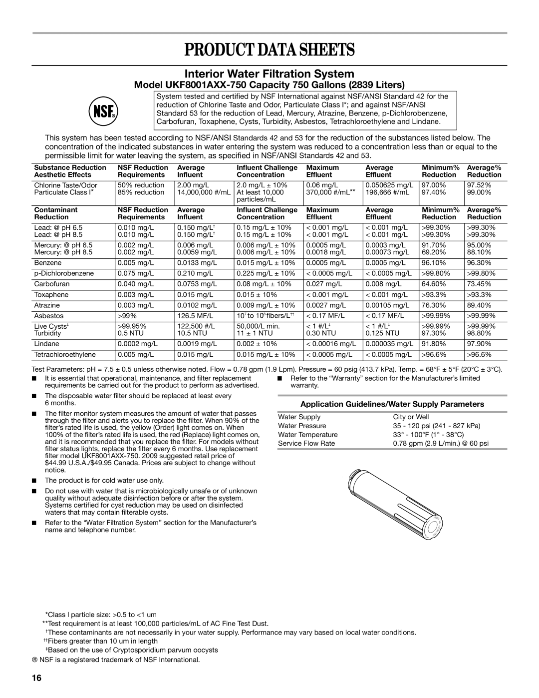 Whirlpool W10226405A, W10245525A Product Data Sheets, Application Guidelines/Water Supply Parameters 