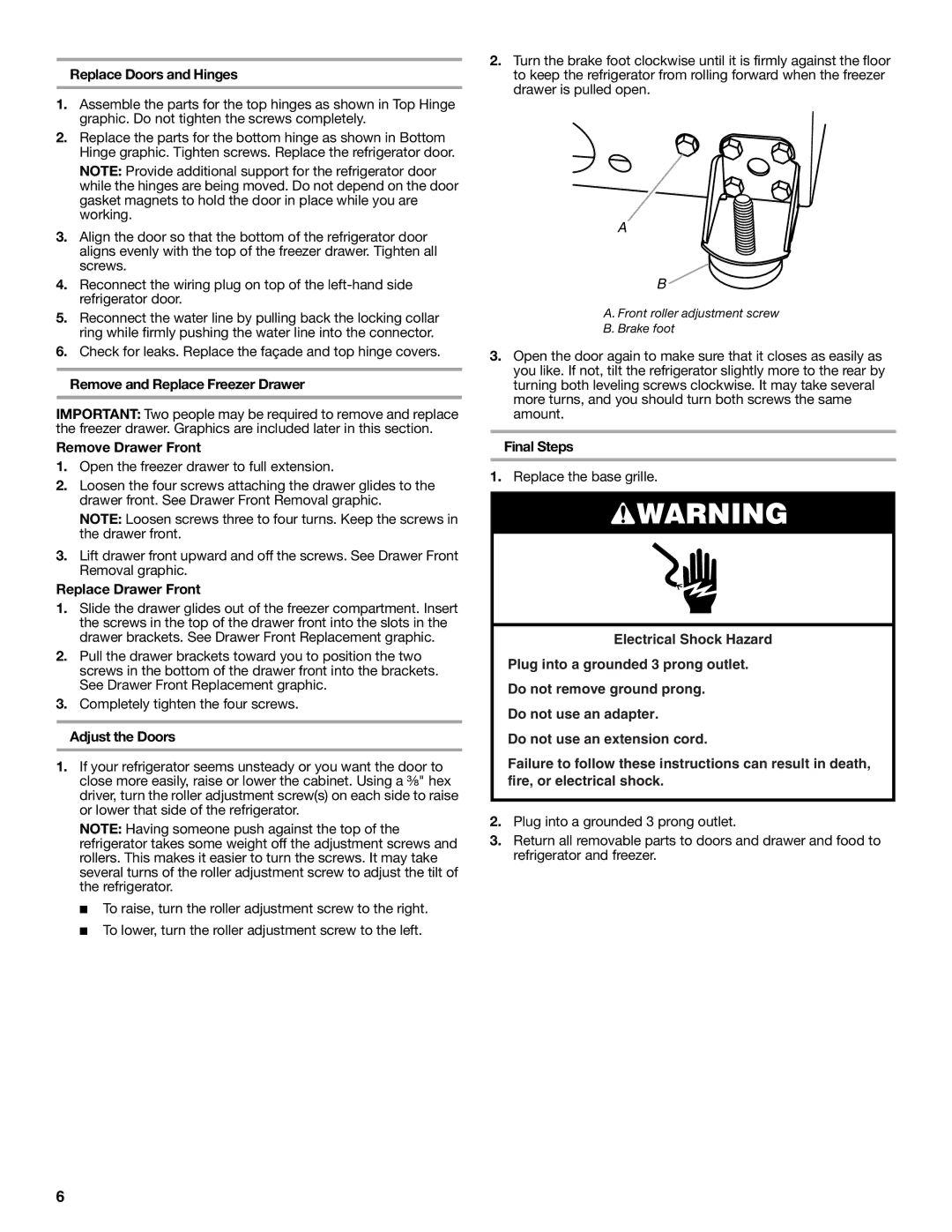 Whirlpool W10226405A Replace Doors and Hinges, Remove and Replace Freezer Drawer, Remove Drawer Front, Adjust the Doors 