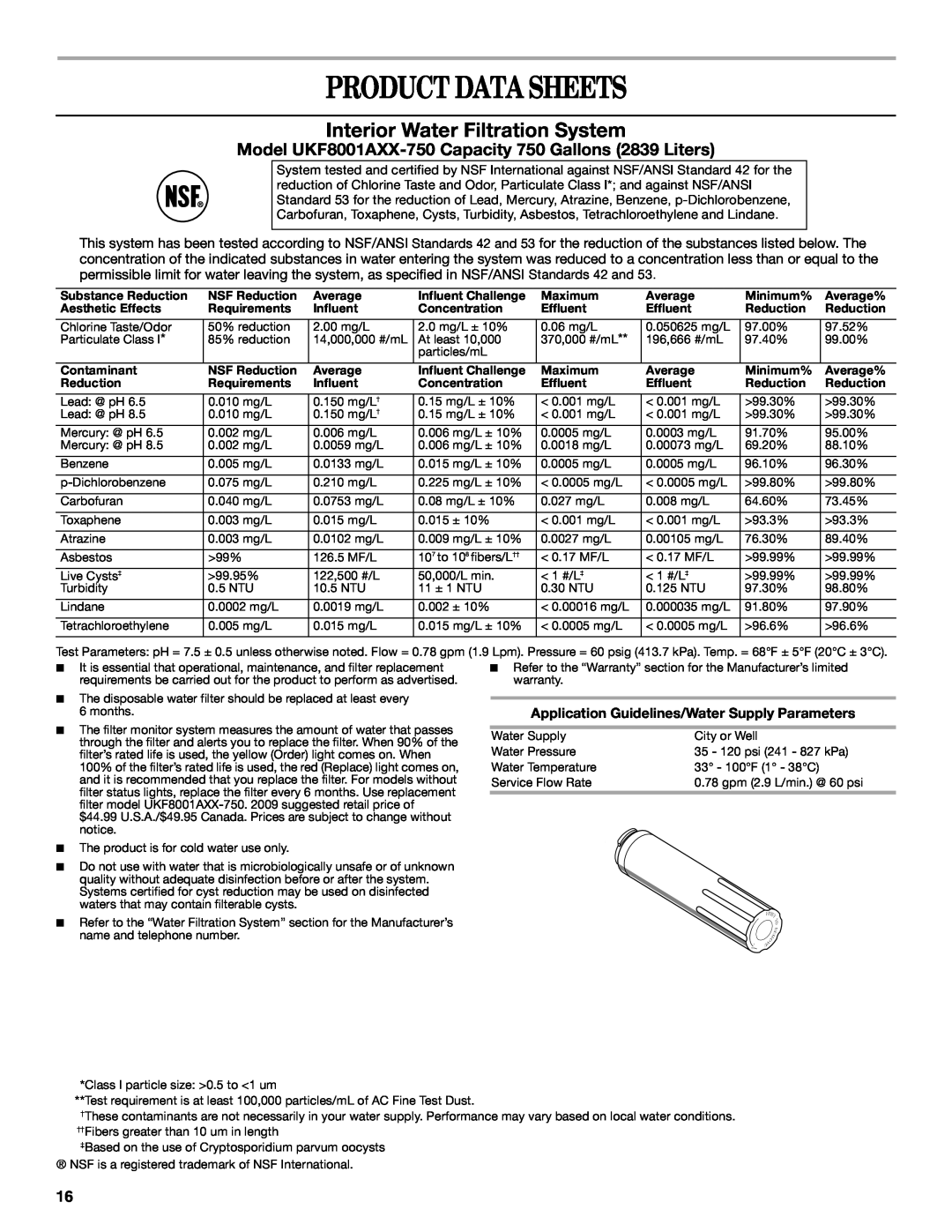 Whirlpool W10226405A Product Data Sheets, Interior Water Filtration System, Application Guidelines/Water Supply Parameters 