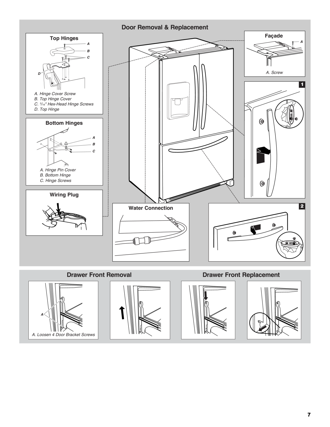 Whirlpool W10245525A Door Removal & Replacement, Drawer Front Removal, Drawer Front Replacement, Top Hinges, Bottom Hinges 