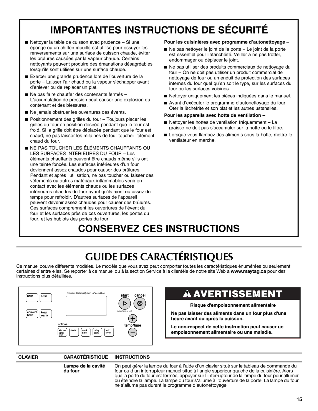 Whirlpool W10234647A warranty Guide DES Caractéristiques, Clavier Caractéristique Instructions 