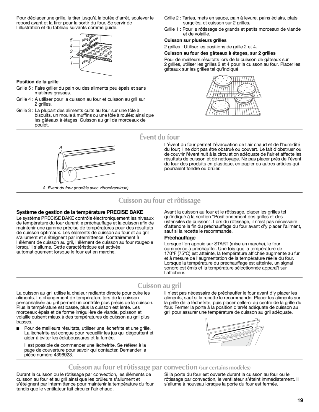 Whirlpool W10234647A warranty Évent du four, Cuisson au four et rôtissage, Cuisson au gril, Préchauffage 