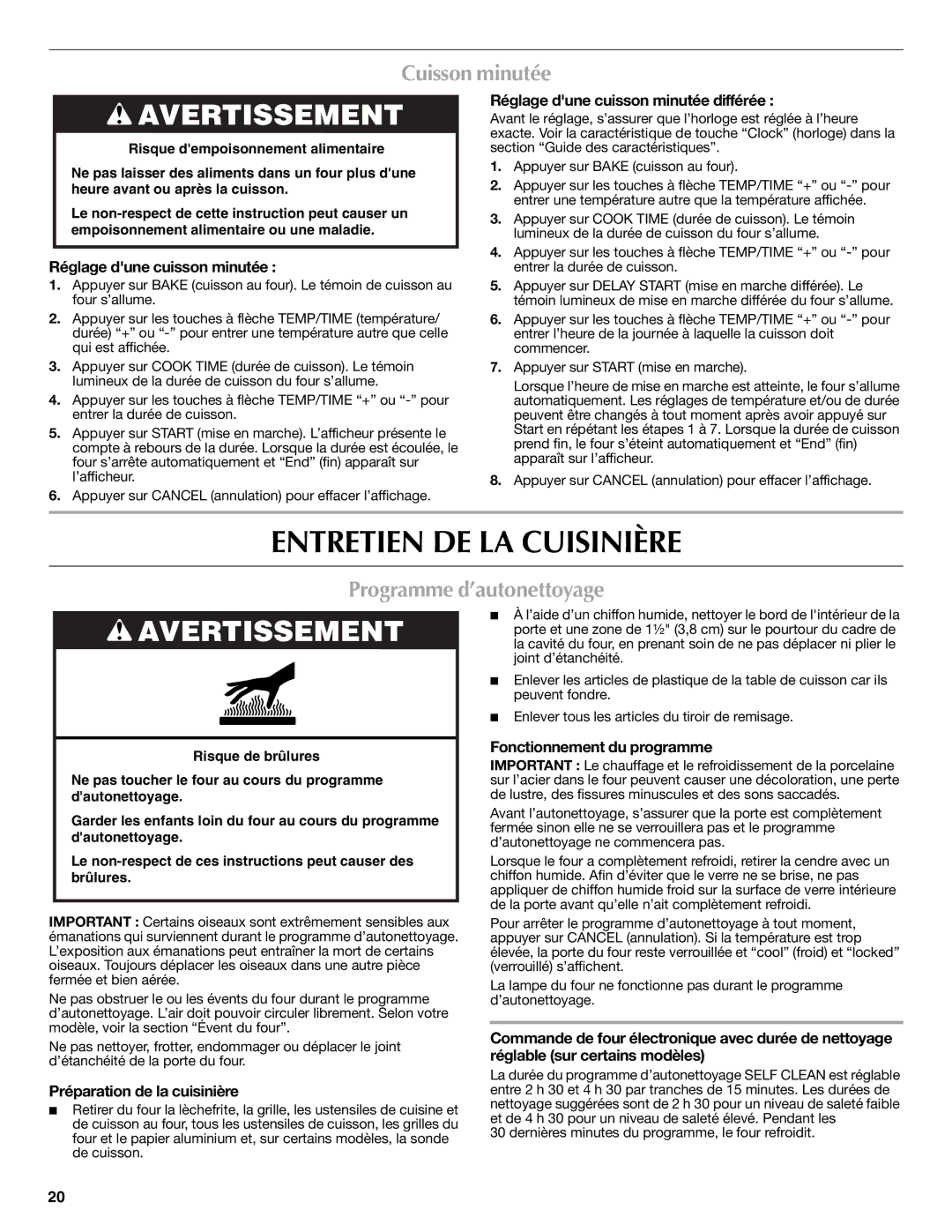 Whirlpool W10234647A warranty Entretien DE LA Cuisinière, Cuisson minutée, Programme d’autonettoyage 