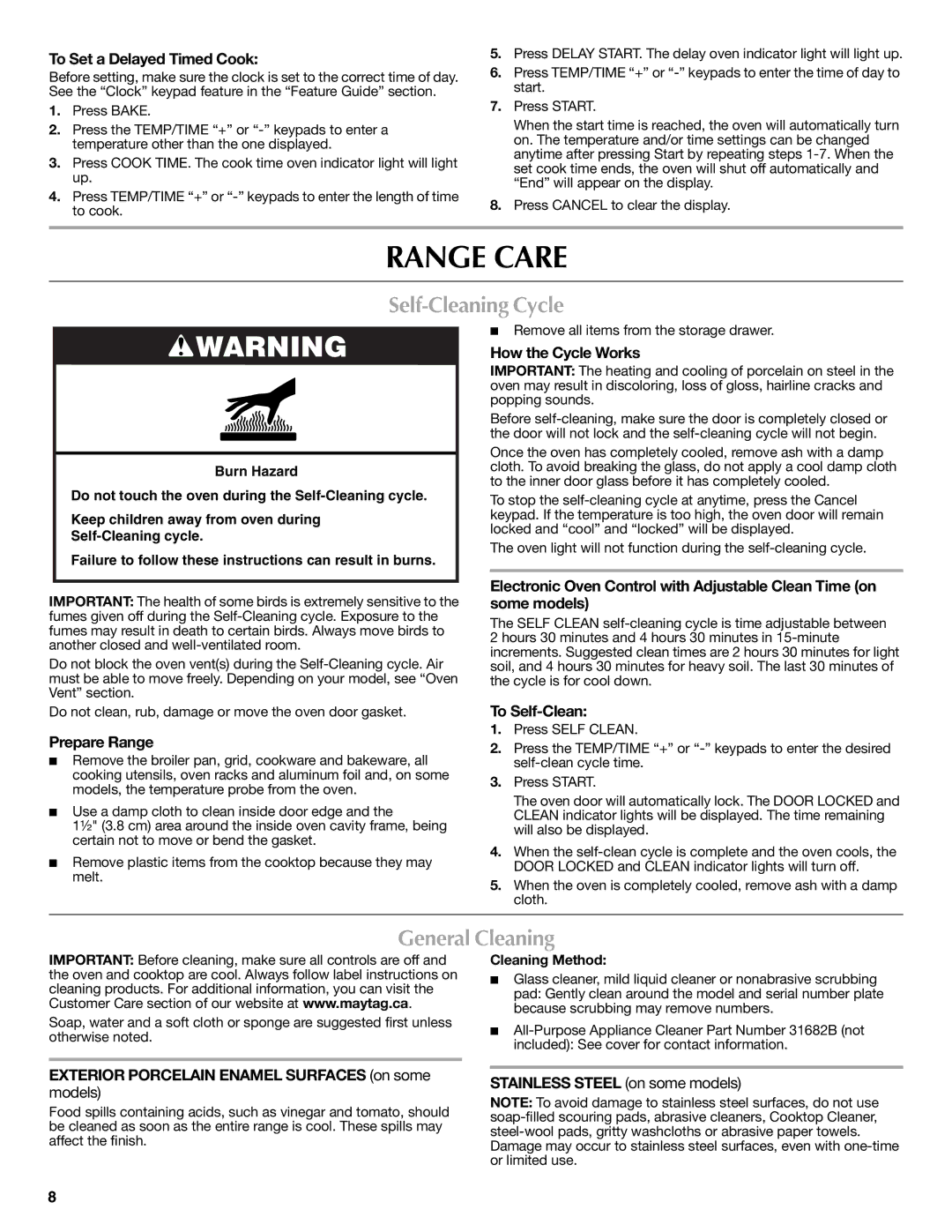 Whirlpool W10234647A warranty Range Care, Self-Cleaning Cycle, General Cleaning 