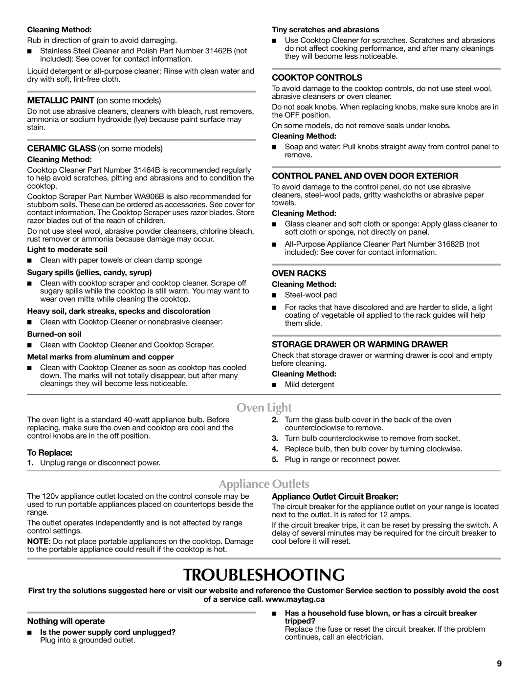 Whirlpool W10234647A warranty Troubleshooting, Oven Light, Appliance Outlets 