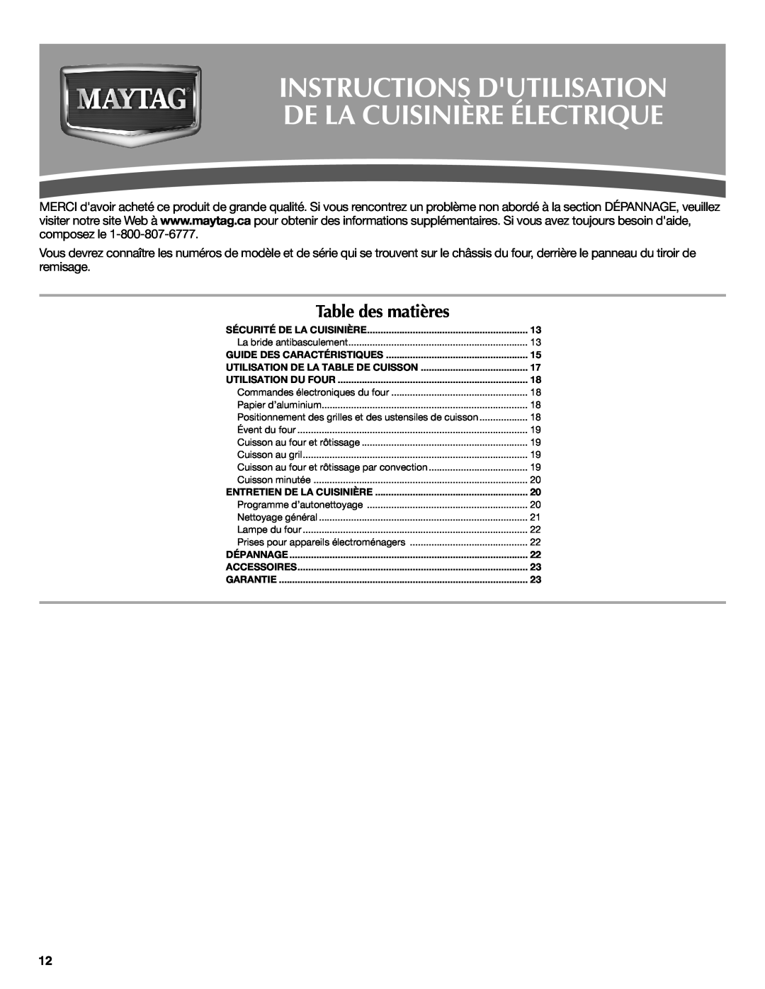 Whirlpool W10234647A warranty Instructions Dutilisation, De La Cuisinière Électrique, Table des matières 