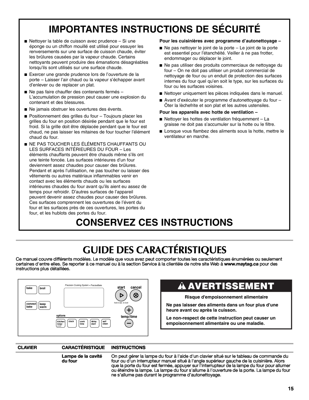 Whirlpool W10234647A warranty Guide Des Caractéristiques, Importantes Instructions De Sécurité, Conservez Ces Instructions 