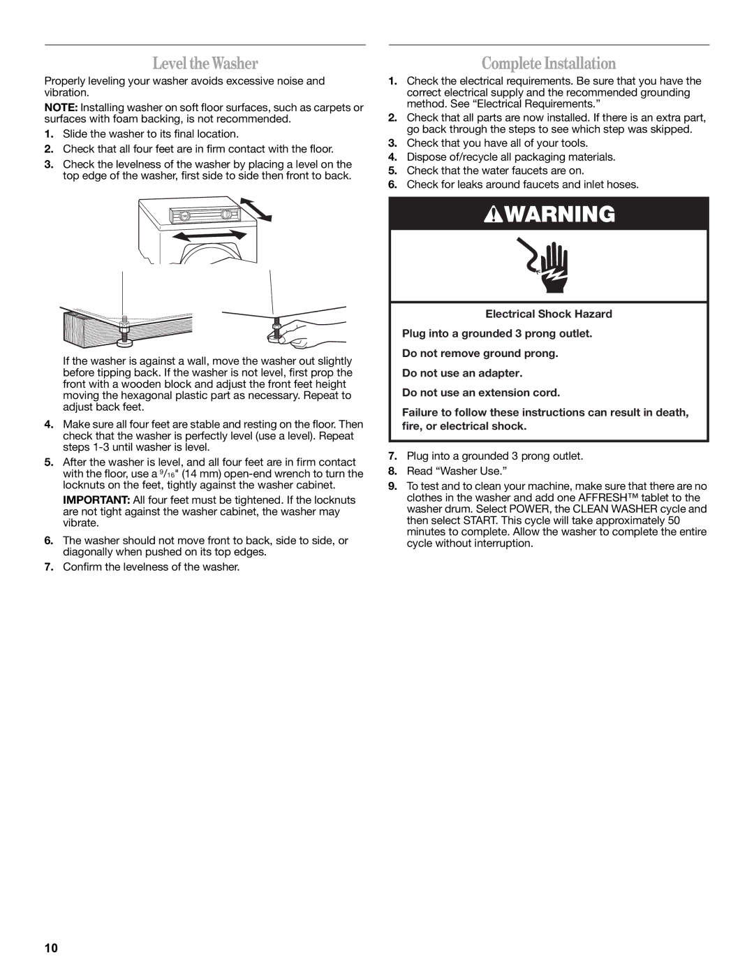 Whirlpool W10235934A manual Level the Washer, Complete Installation 