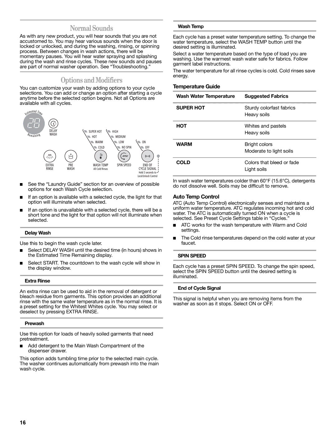 Whirlpool W10235934A manual Normal Sounds, Options and Modifiers, Temperature Guide, Auto Temp Control 