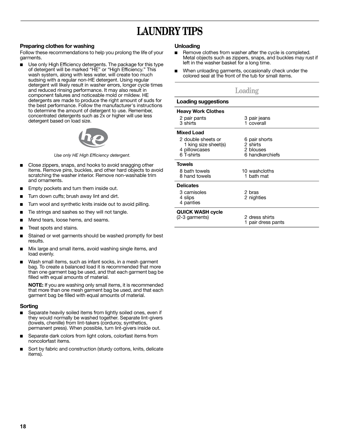 Whirlpool W10235934A manual Laundry Tips, Loading 