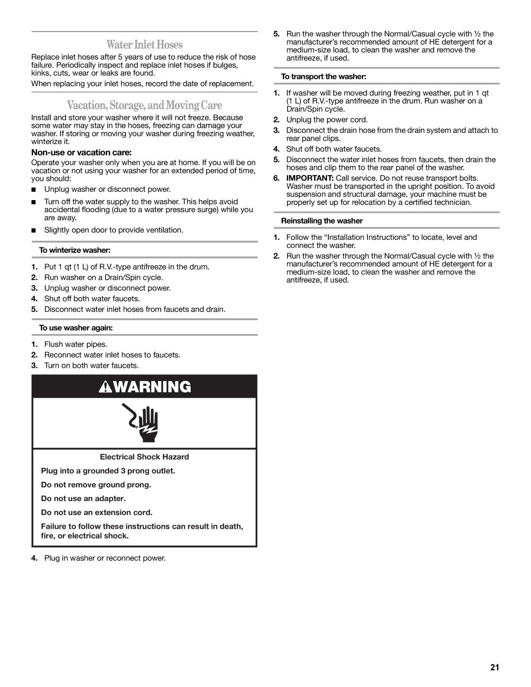 Whirlpool W10235934A manual Water Inlet Hoses, Vacation, Storage, and Moving Care, Non-use or vacation care 