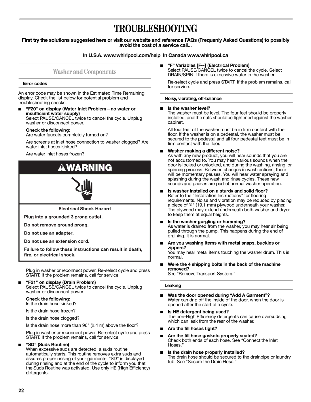 Whirlpool W10235934A manual Troubleshooting, Washer and Components 