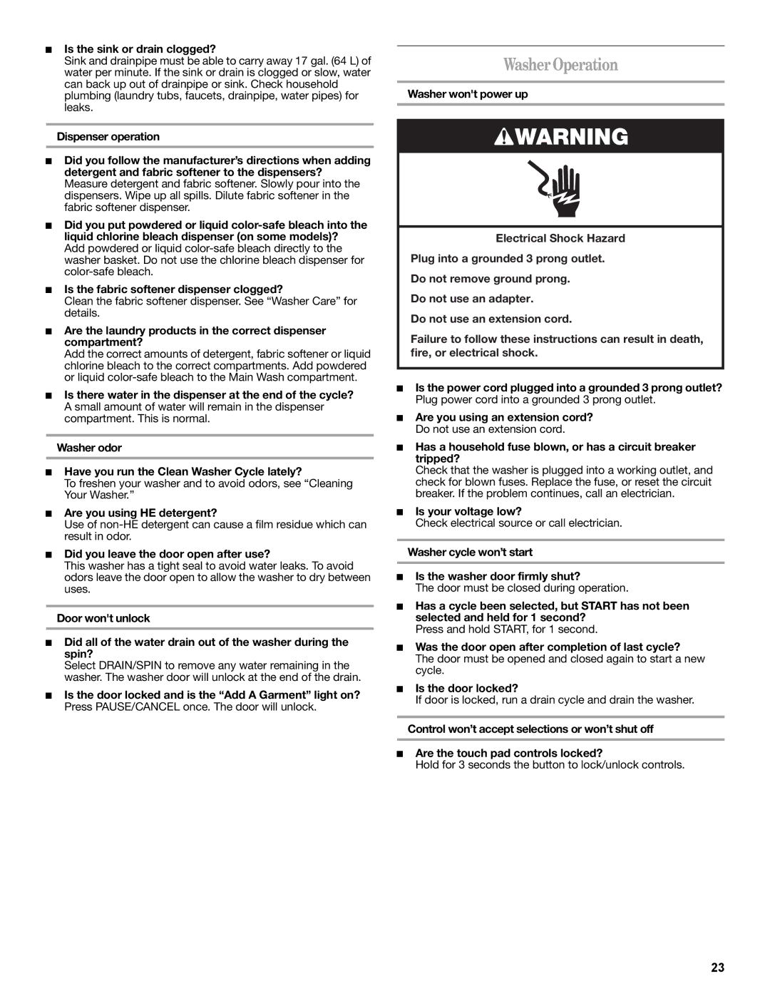 Whirlpool W10235934A manual Washer Operation 