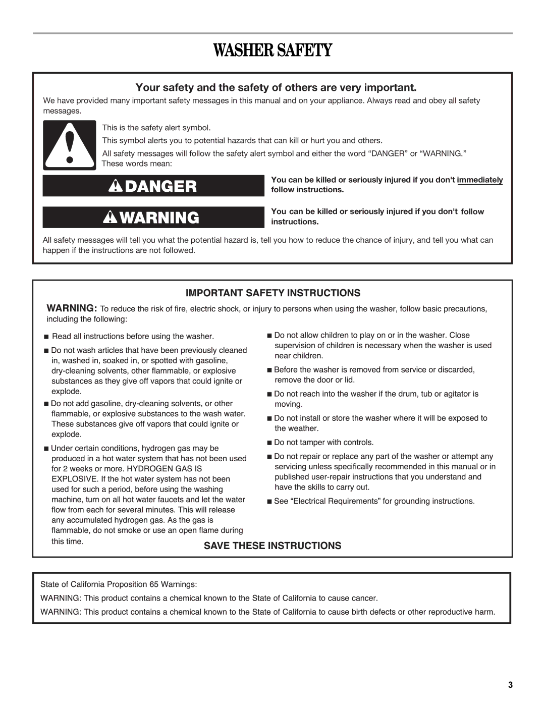 Whirlpool W10235934A manual Washer Safety, Your safety and the safety of others are very important 