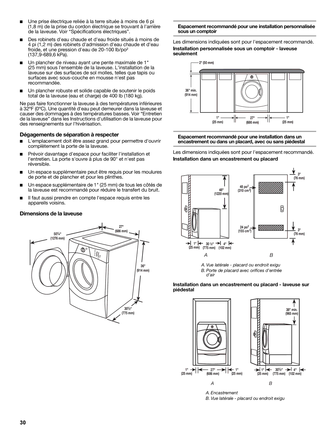 Whirlpool W10235934A manual Dégagements de séparation à respecter, Dimensions de la laveuse 