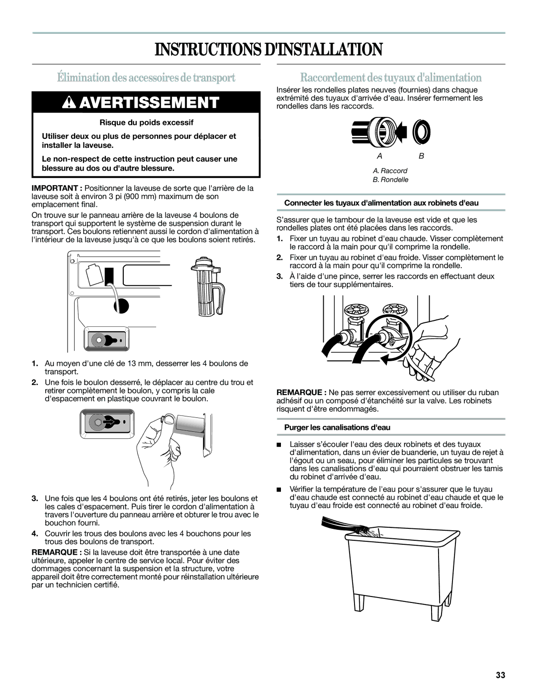 Whirlpool W10235934A Instructions Dinstallation, Élimination des accessoires de transport, Purger les canalisations deau 