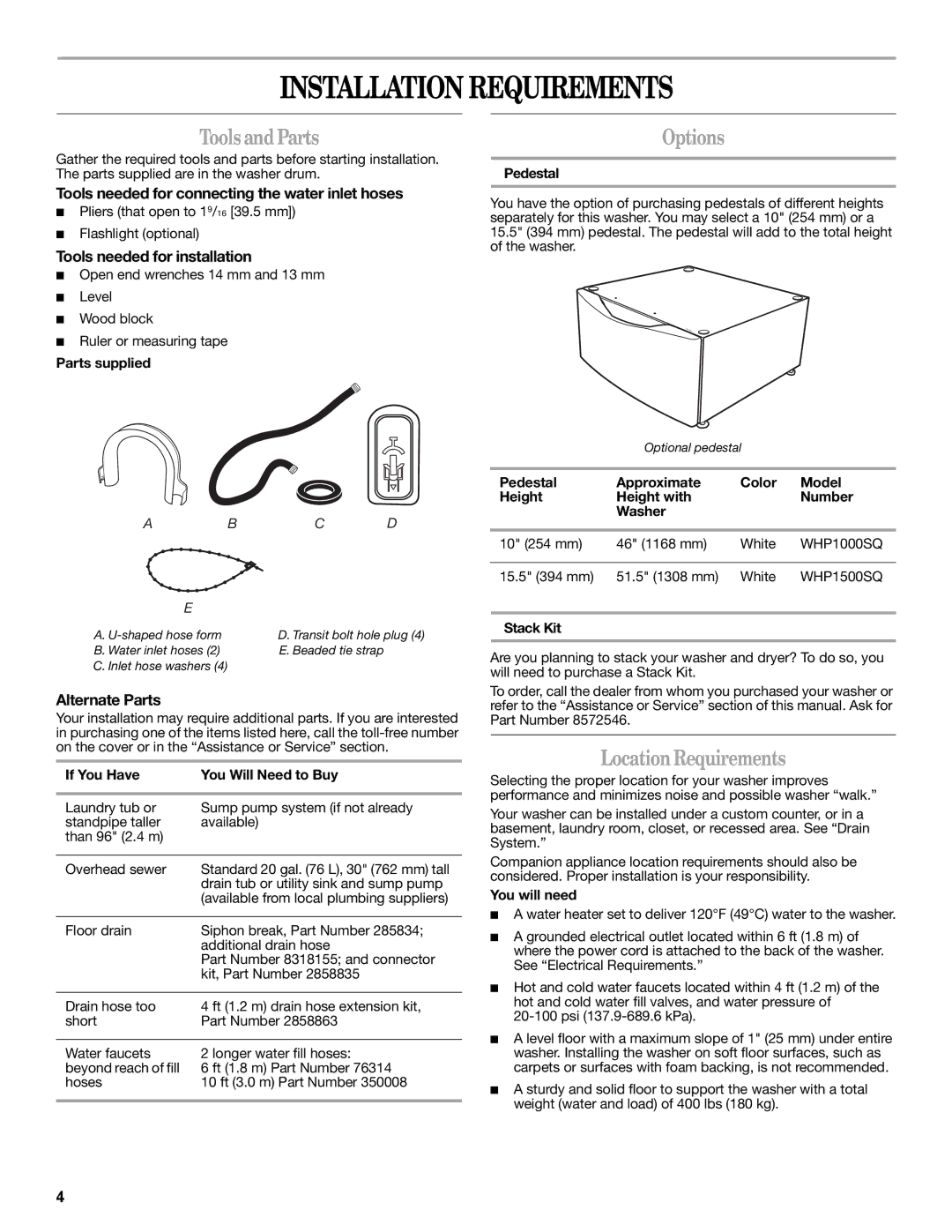 Whirlpool W10235934A manual Installation Requirements, Tools and Parts, Options, Location Requirements 