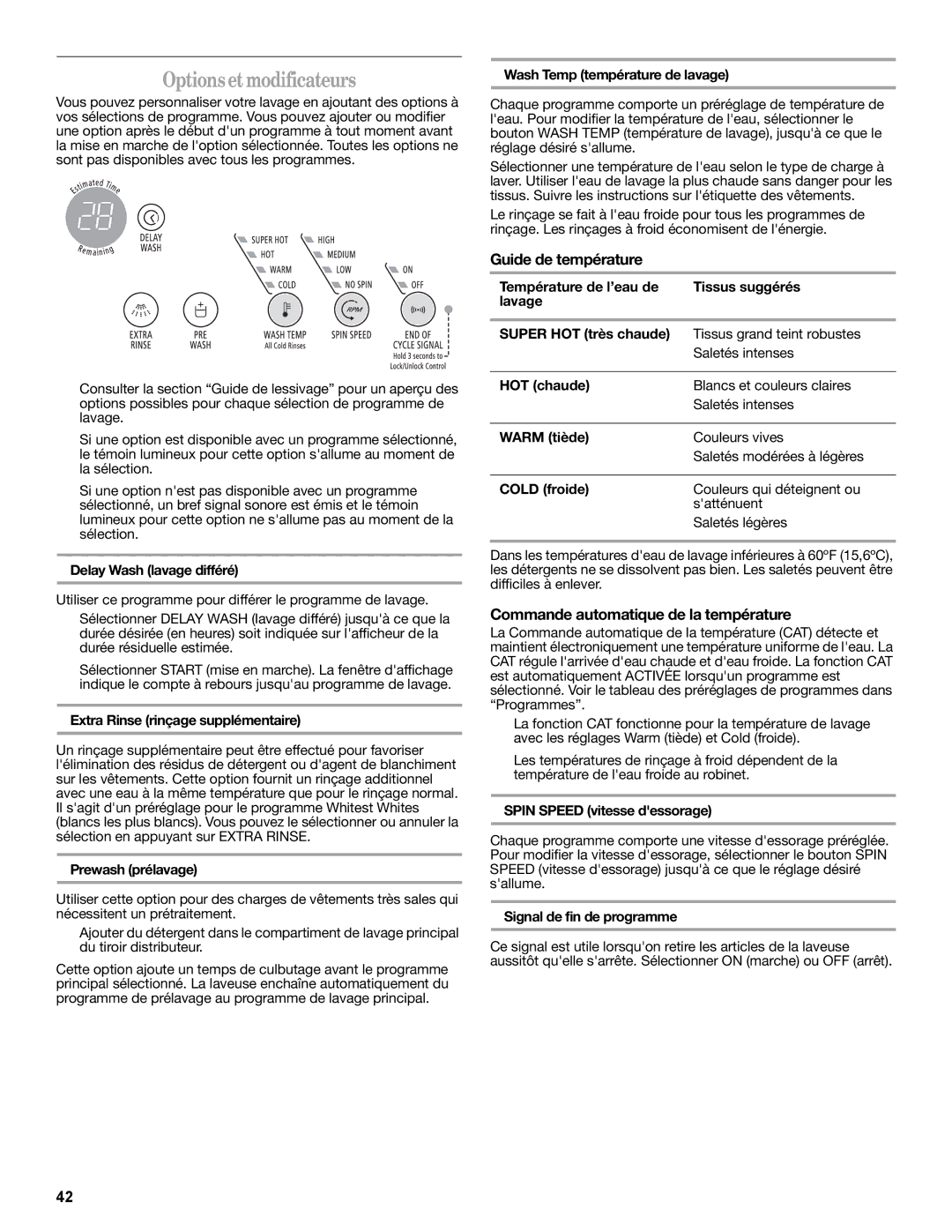 Whirlpool W10235934A manual Options et modificateurs, Guide de température, Commande automatique de la température 