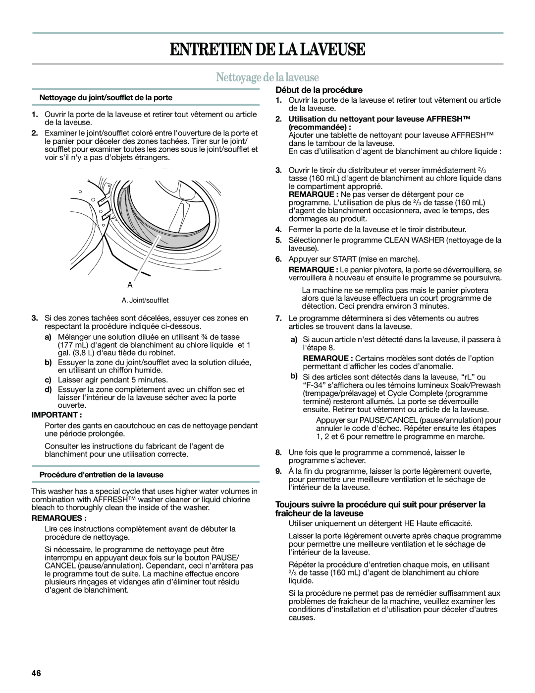 Whirlpool W10235934A manual Entretien DE LA Laveuse, Nettoyage de la laveuse, Début de la procédure 