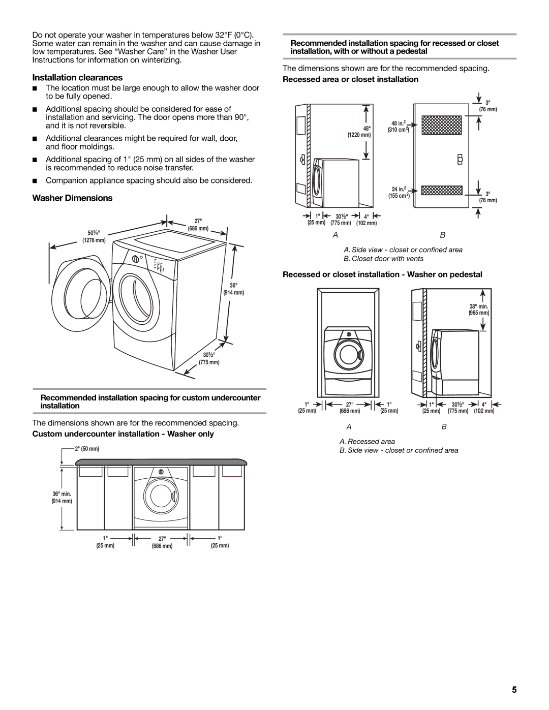 Whirlpool W10235934A manual Installation clearances, Washer Dimensions, Recessed area or closet installation 