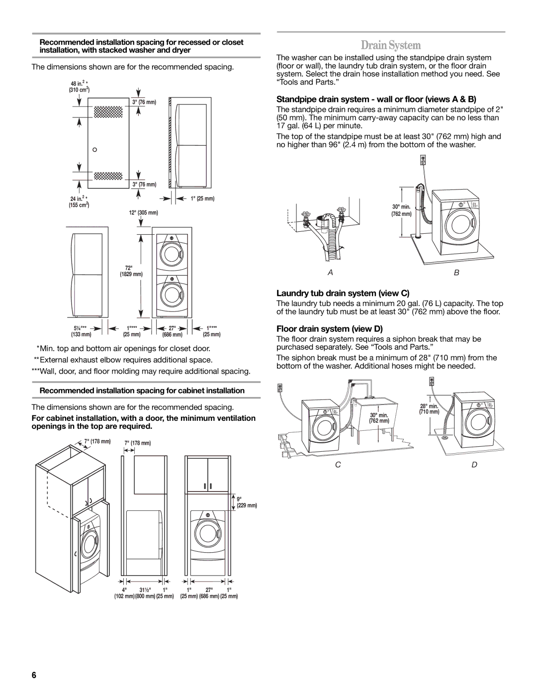 Whirlpool W10235934A manual Drain System, Standpipe drain system wall or floor views a & B, Laundry tub drain system view C 