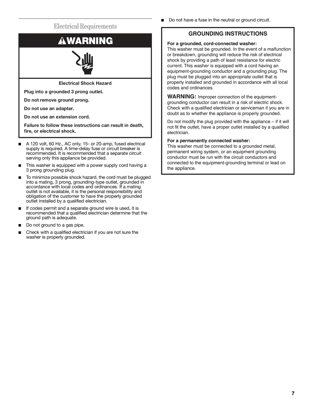 Whirlpool W10235934A manual Electrical Requirements 