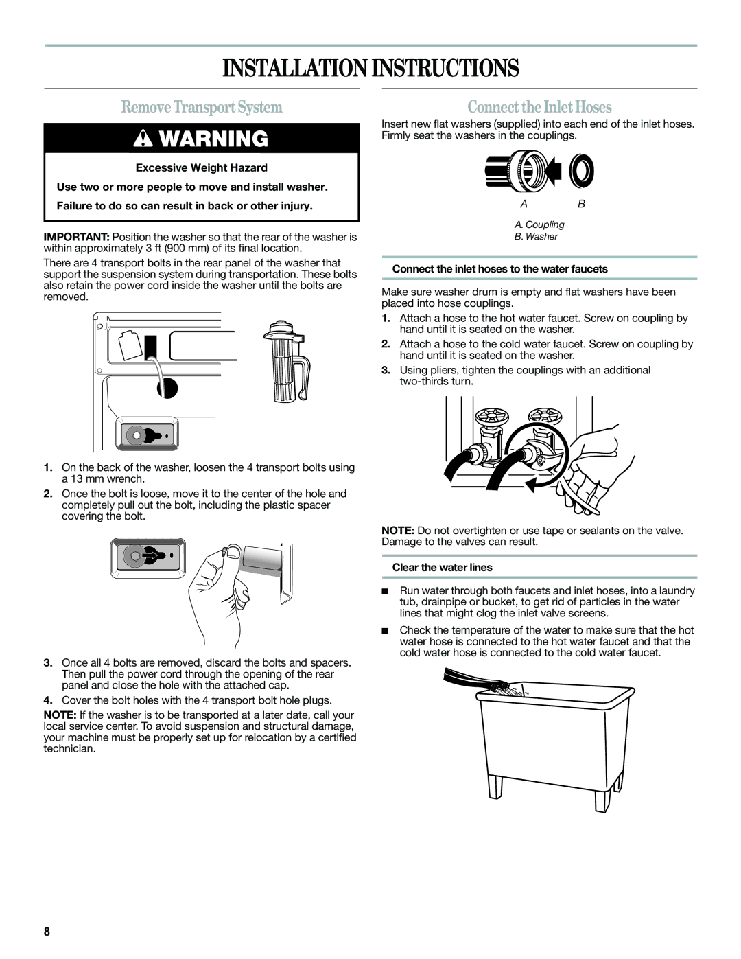 Whirlpool W10235934A Installation Instructions, Remove Transport System, Connect the Inlet Hoses, Clear the water lines 