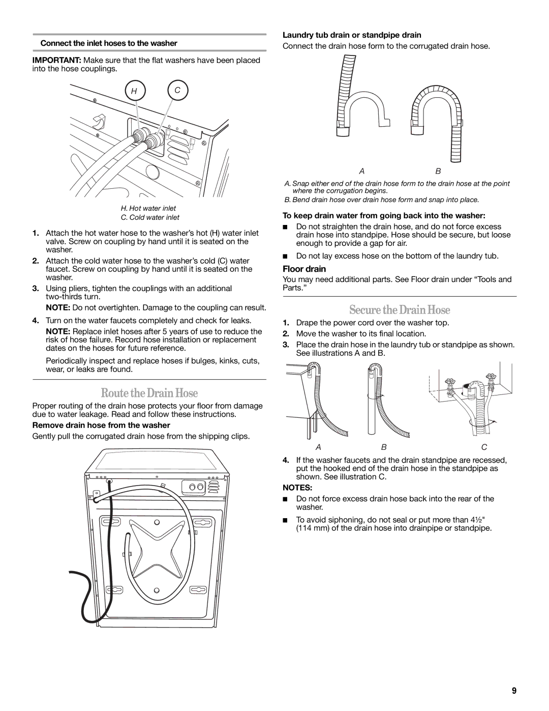 Whirlpool W10235934A manual Route the Drain Hose, Secure the Drain Hose, Floor drain 