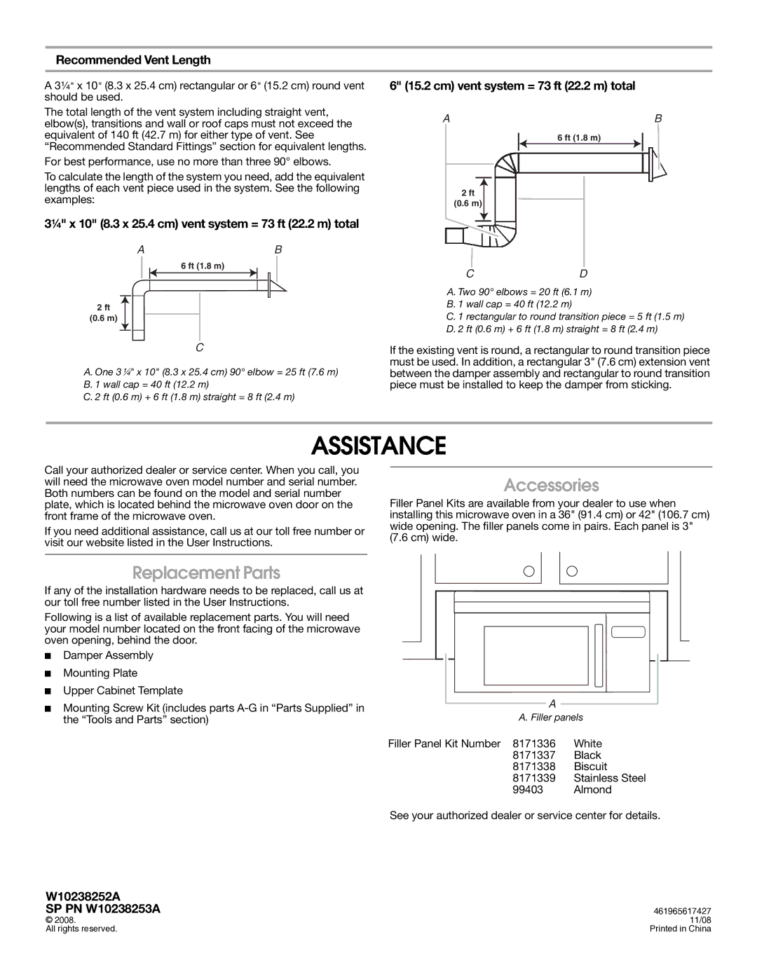 Whirlpool W10238253A, W10238252A installation instructions Assistance, Accessories, Replacement Parts 